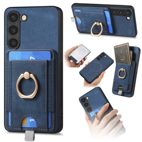 Противоударный чехол Retro Splitable Magnetic Card для Samsung Galaxy S24+ 5G - синий