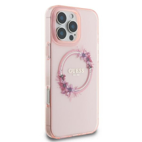 Оригинальный чехол Guess IML Flowers Wreath MagSafe для iPhone 16 Pro - Pink