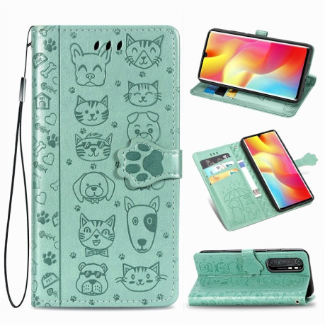 Чехол-книжка Cute Cat and Dog Embossed на Xiaomi Mi Note 10 Lite - зеленый
