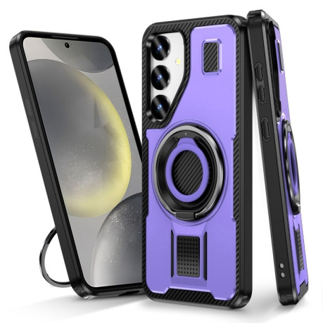 Противоударный чехол Ring Holder Carbon Fiber PC Hybrid TPU для Samsung Galaxy S25 5G - фиолетовый