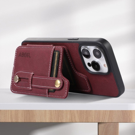 Противоударный чехол ABEEL Litchi Texture Card Bag для iPhone 15 Plus - фиолетовый