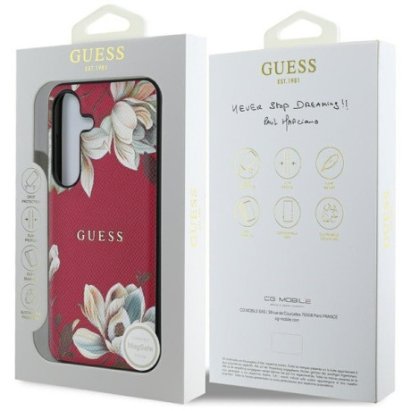 Оригинальный чехол Guess Grained Printed Flower Pattern MagSafe для Samsung Galaxy S25 - fuchsia