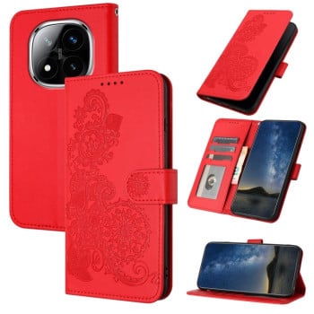 Чехол-книжка Embossed Flower Zipper Leather на Redmi Note 14 Pro+ 5G - красный