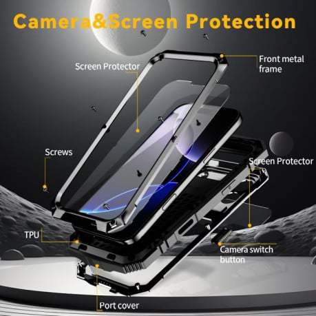 Протиударний чохол R-JUST Metal + Silicone + Tempered Glass Life Waterproof на iPhone 17 Pro - чорний