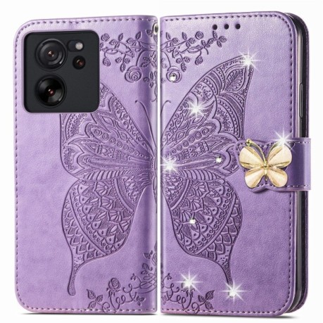 Чехол-книжка Rhinestones Butterfly Love Flower Embossed для Xiaomi Redmi Note 13 Pro - фиолетовый