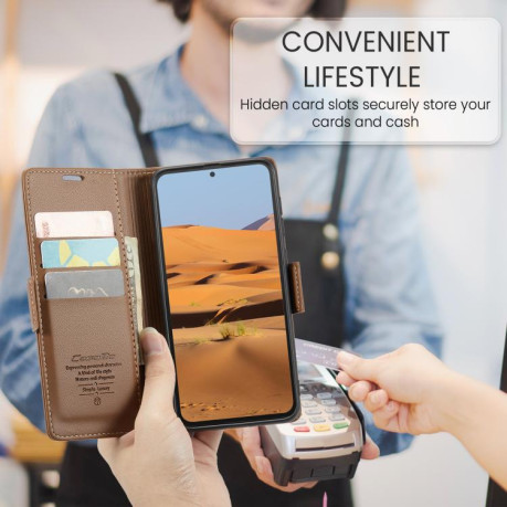 Чехол-книжка CaseMe 023 Butterfly Buckle Litchi Texture RFID Anti-theft Leather для Xiaomi Redmi Note 14 4G 164.84mm - коричневый