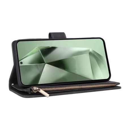 Чехол-книжка Multifunctional Frosted Zipper Wallet с матовой фактурой и ремешком на Samsung Galaxy S25 FE 5G - черный