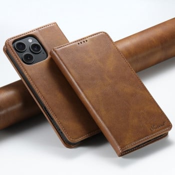 Противоударный чехол Suteni H02 Leather Wallet Stand для iPhone 16 Pro - коричневый
