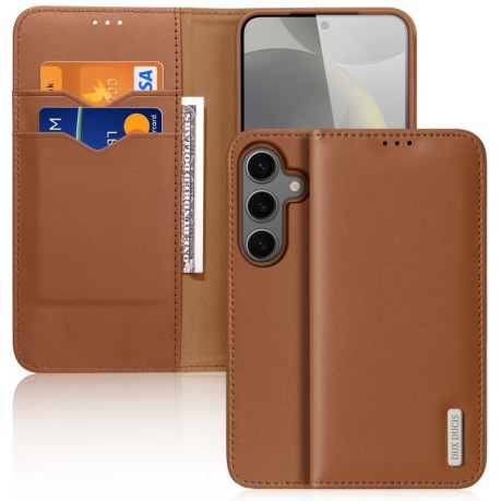 Кожаный чехол-книжка DUX DUCIS Hivo Series на Samsung Galaxy S25 5G - коричневый