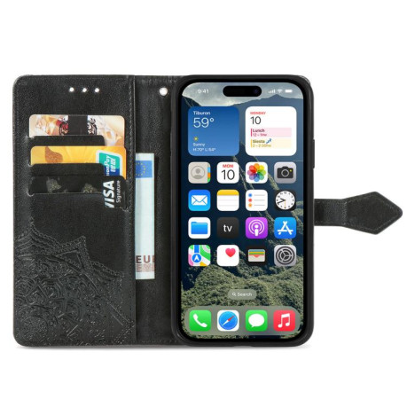 Чехол-книжка Mandala Embossing Pattern на iPhone 16e - черный