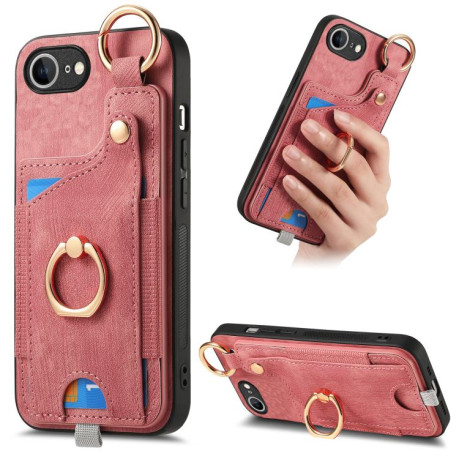 Чехол Retro Skin-feel Ring Card Bag для iPhone 16e - розовый