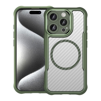 Ударозащитный чехол Carbon Fiber Texture MagSafe Translucent на iPhone 16 Pro - зеленый