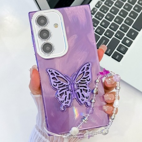 Противоударный чехол Plating Glitter Lens Film Texture Butterfly Holder Wristband для Samsung Galaxy A36 5G - Purple Feather Yarn