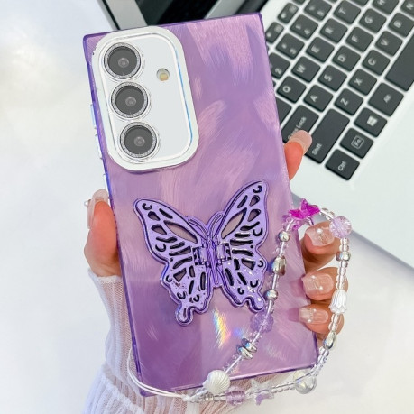 Протиударний чохол Plating Glitter Lens Film Texture Butterfly Holder Wristband для Samsung Galaxy S25+ 5G - Purple Feather Yarn