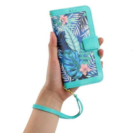 Чехол-книжка Floral Pattern Leather для iPhone 16e - зеленый