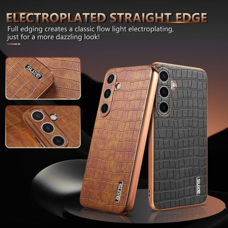 Чехол AZNS Electroplated Frame Crocodile Texture на Samsung Galaxy S25 5G - коричневый