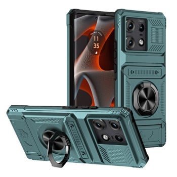 Противоударный чехол Shockproof Card Slot Phone Case with Metal Ring Holder для Motorola Edge 50 Pro - зеленый