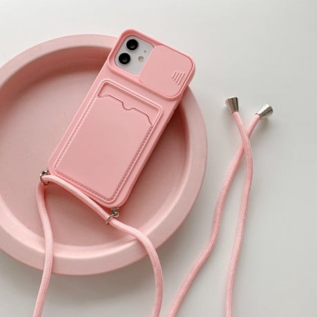 Противоударный чехол Sliding Camera with Card Slot для iPhone 11 - розовый
