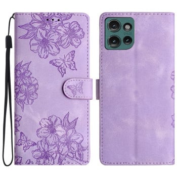 Чехол-книжка Cherry Blossom Butterfly Skin Feel Embossed на Motorola Edge 50 5G - фиолетовый