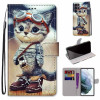 Чехол-книжка Coloured Drawing Cross для Samsung Galaxy S22 Ultra 5G - Leather Shoes Cat