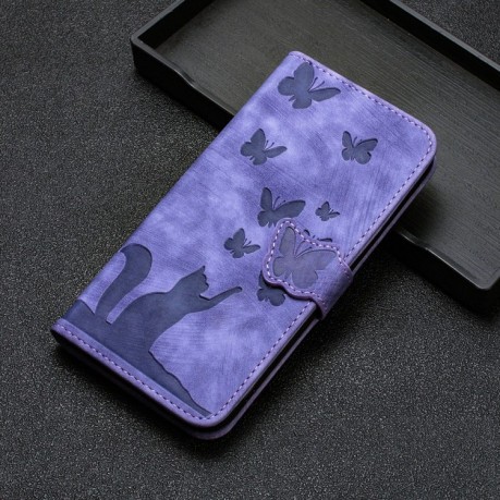 Чехол-книжка Cat Embossing Pattern на Samsung Galaxy A55 - фиолетовый