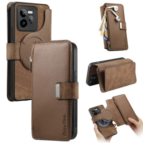 Чехол-книжка CaseNeo MagSafe RFID Anti-theft Zipper Wallet Retro Leather для Realme GT 7 Pro - коричневый