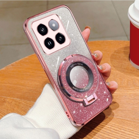 Противоударный чехол Plated Gradient Glitter Round Holder для Xiaomi 14 Pro - розовый
