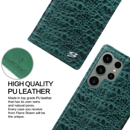 Кожаный чехол-книжка Fierre Shann Crocodile Texture Magnetic Genuine Leather для Samsung Galaxy S24 Ultra 5G - зеленый