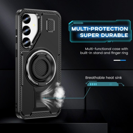 Противоударный чехол Ring Holder Carbon Fiber PC Hybrid TPU для Samsung Galaxy S24 FE 5G - черный