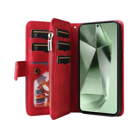 Чехол-книжка Dual-color 9 Card Slots Zipper Wallet Leather для Samsung Galaxy S24 FE 5G - красный