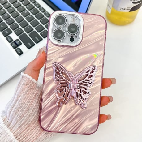 Противоударный чехол Plating Glitter Texture Butterfly для iPhone 16 Pro - Pink Water Ripples