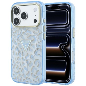 Оригінальний чохол Guess IML Leopard Glitter Triangle Logo MagSafe для iPhone 17 Pro Max / 18 Pro Max — синій