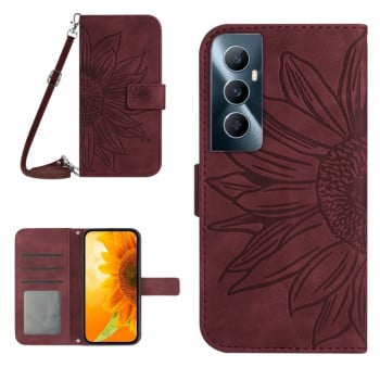 Чехол-книжка Skin Feel с рисунком подсолнуха на Realme C65 4G Global - винно-красный