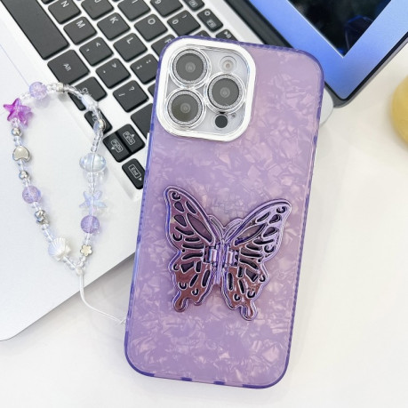 Противоударный чехол Plating Glitter Lens Film Texture Butterfly Holder Wristband для iPhone 16 Pro Max - Purple Shell Pattern