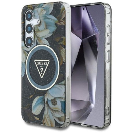 Оригинальный чехол Guess Glitter Flowers Triangle Buttons MagSafe для Samsung Galaxy S25 - black