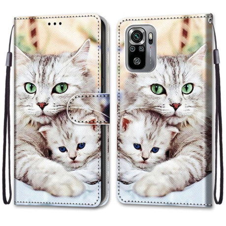 Чехол-книжка Coloured Drawing Cross для Xiaomi Redmi Note 10/10s/Poco M5s - Big Cat Holding Kitten