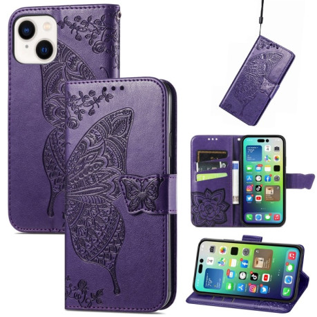 Чехол-книжка Butterfly Love Flower Embossed для iPhone 15 - фиолетовый