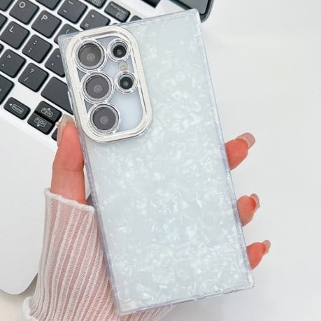 Противоударный чехол Plating Glitter Texture TPU with Lens Film для Samsung Galaxy S25 Ultra 5G - White Shell Pattern