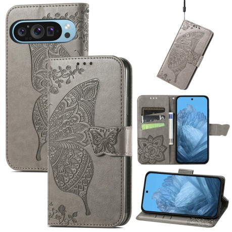 Чехол-книжка Butterfly Love Flower Embossed для Google Pixel 9 - серый