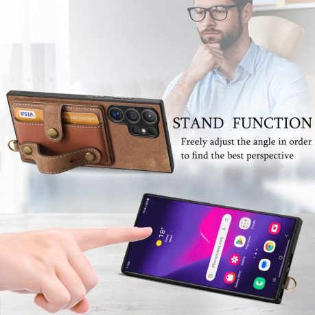 Противоударный чехол Retro Cross Wristband Wallet Leather для Samsung Galaxy S24 Ultra 5G - коричневый