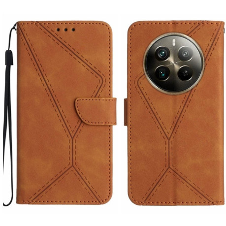 Чехол-книжка Stitching Embossed Leather для Realme 12+ Global - коричневый