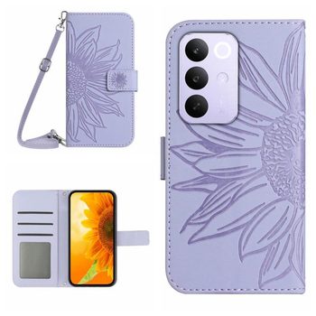 Чехол-книжка Skin Feel с рисунком подсолнуха на Realme C85 Pro 4G — фиолетовый