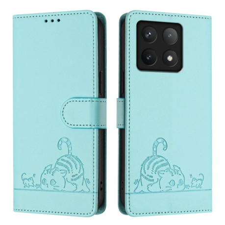 Чехол-книжка Cat Embossing Pattern на Xiaomi 14T Pro 5G - зеленый