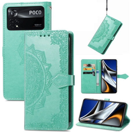 Чохол-книжка Lucky Clover Halfway Mandala Embossing Pattern на Xiaomi Poco X4 Pro 5G - зелений