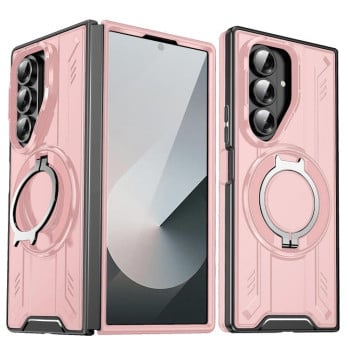 Ударозащитный чехол Transparent MagSafe Magnetic Rotating Ring Holder на Samsung Galaxy Fold 7 5G - розовый