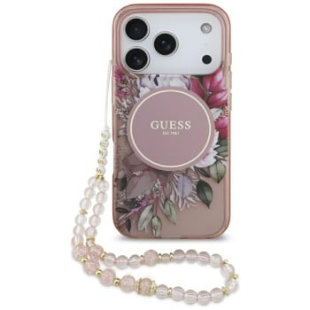 Оригінальний чохол Guess IML Flowers Pearl Strap з MagSafe на iPhone 17 Pro - Pink