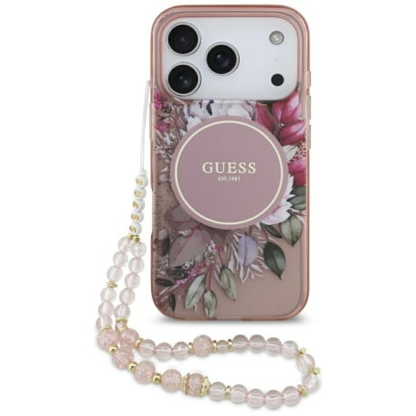 Оригінальний чохол Guess IML Flowers Pearl Strap з MagSafe на iPhone 17 Pro - Pink