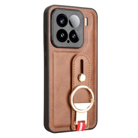 Противоударный чехол Wristband Leather Back для Xiaomi 15 - коричневый