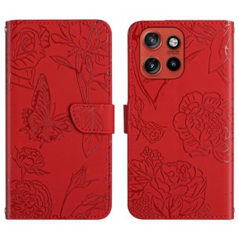 Чехол-книжка с мягкой фактурой и тиснением Butterfly на Motorola Edge 60 Neo 5G — красный