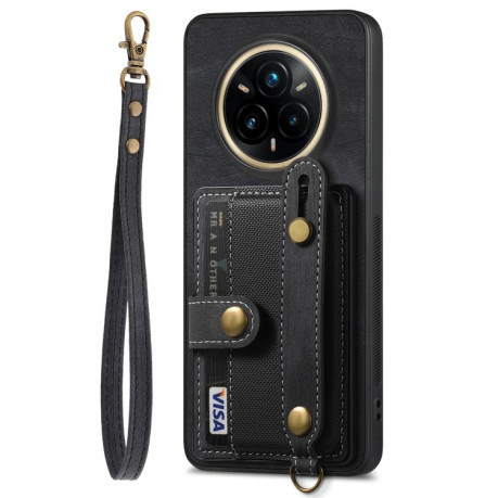 Противоударный чехол Retro Cross Wristband Wallet Leather для Realme 14 Pro+ - черный